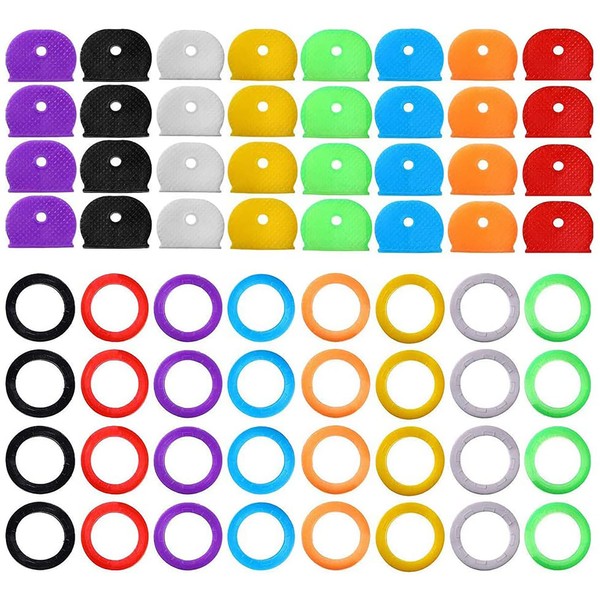 64 Pack Key Caps, Key Covers, Key Colour Caps, Coloured Key Caps, Key Covers Caps Novelty, Key Identifiers Coding Label Covers for Standard Flat House Keys, 2 Styles