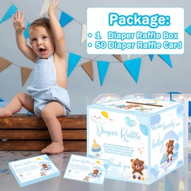 Diaper Raffle Box for Baby Shower Game Decorations with 50Pcs Diaper Raffle Tickets Blue Bear Themed Advice and Wishes Diaper Raffle Sign Insert Cards for Gender Reveal Party Supplies