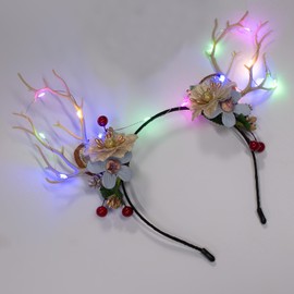 JIAHANG Christmas LED Reindeer Antlers Headband, Flashing Light Up Branch Hair Hoop with Flower, Costume Festival Party Headwear for Women Girls
