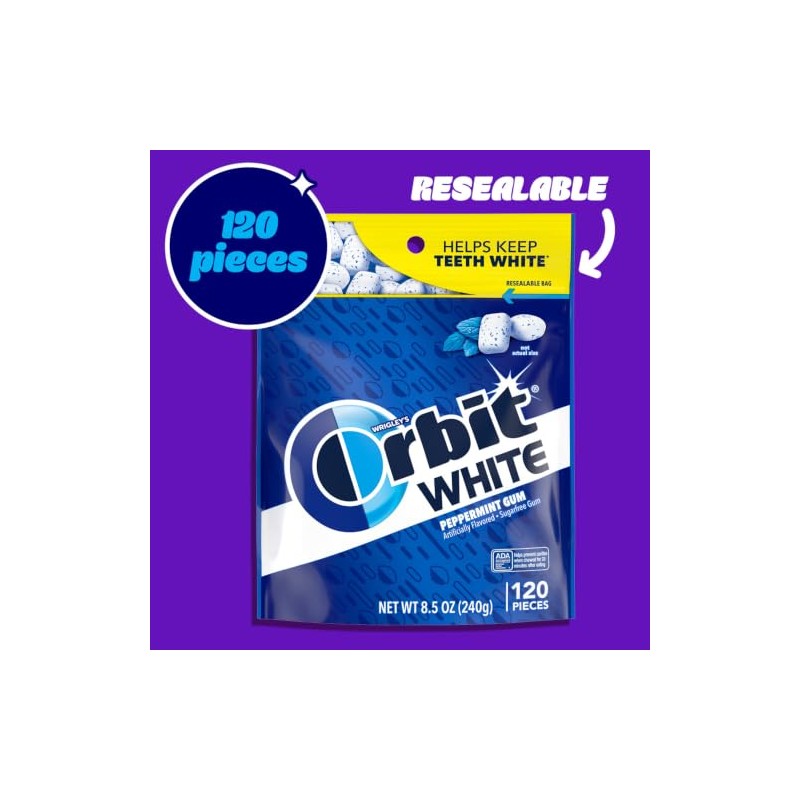 Orbit White chicle de menta bolsa resellable 120 piezas, 240g.
