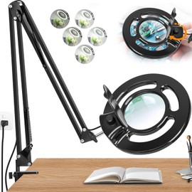 10X Long Magnifying Glass with Light, 2200 Lumen & 24W Stepless Dimming LED Magnifying Lamp with Clamp, Adjustable Swing Arm Lighted Magnifier Light, Hands Free Craft Lamp for Hobby Repair Reading