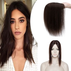 Hairro Silk Base Human Hair Topper for Women 10 Inch Short Clip in Hair Filler Extension Dark Brown Clip on Toupee Hairpieces with 4 Clips Larger Base for Thinning Hair #2