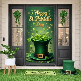 Happy St Patricks Day Door Cover with 20ft Rope 71x35 Inch Lucky Leprechaun Hat Shamrock Backdrop Banner Green Clover Gold Coin Porch Decoration for Irish Festival Party Home Front Door Prop
