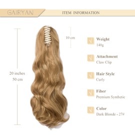 Gairyan 50 cm Ponytail Hairpiece Braid Extensions Long Curly Claw Clip-In Ponytail Extensions Synthetic Hair Extensions Wavy Hairpiece Hair Extension for Women (Dark Blonde)