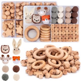 Wooden Beads Wooden Rings Set, 332 Pieces Beech Wooden Beads Round Wooden Balls with Hole for Threading, Letters Crochet Wooden Beads for Macrame Crafts, DIY Jewellery Accessories