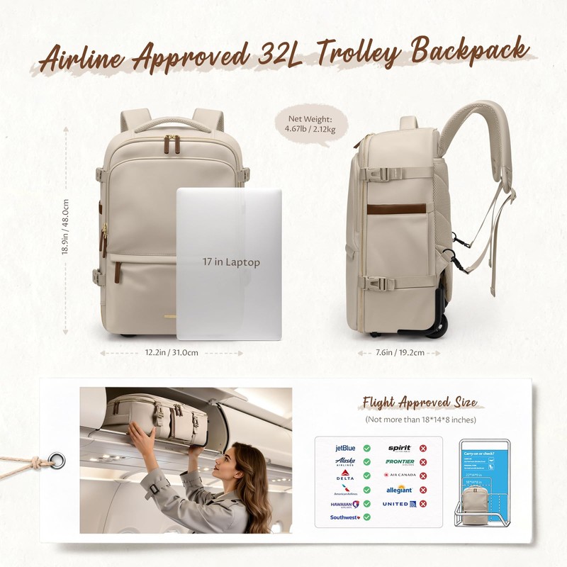 GOLF SUPAGS Rolling Backpack for Women 17 Inch Convertible Travel