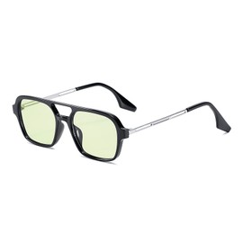 OSAGAMA Vintage Square Sunglasses for Women Men 70s Small Glasses Metal Frame, Black/green