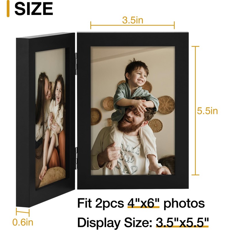 decorUhome Double 4x6 Picture Frame Vertical, Engineered Wood Bifold Photo