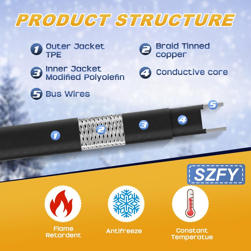 3FT~200FT Heat Tape for Water Pipes, -40°F Deicing Cable,Pipe Heat