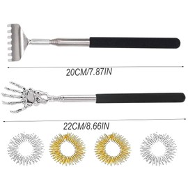 Back Scratcher, Stainless Steel Telescopic Back Scratcher, 2 Pieces Telescopic Back Scratcher and 4 Pieces Massage Rings for Fingers, for Head, Back and Finger Massage