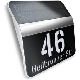 Metzler Illuminated House Number with Street Name Solar Made of Stainless Steel in Black - House Number Sign Illuminated with Desired Text - LED Lighting with Twilight Switch - Street Sign - 22.7 x