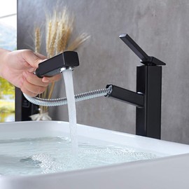KAIYING Bathroom Pull Down Vessel Sink Faucet, Lavatory Single Hole Basin Sink Faucet with Pull Out Sprayer, Single Handle Utility Mixer Tap with Rotating Spout (Tall, Black)