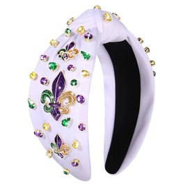 NVENF Mardi Gras Headband Carnival Accessories for Women Crown Mask Headbands Green Purple Gold Rhinestone Pearl Jeweled Knotted Headband Fat Tuesday Parade Party Favors Gifts (Fleur De Lis C)