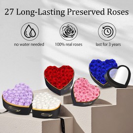 MAMAMIKO 27 Forever Real Rose Heart Box, Eternal Preserved Purple Roses Flowers, Rose Gifts for Her Woman Wife Girlfriend on Birthday, Anniversary, Valentine's Day, Mother's Day, Christmas