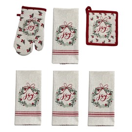 Joy Wreath Christmas Kitchen Set, 6 Piece, 4 Tea Towels, Oven Mitt, Pot Holder, Cotton