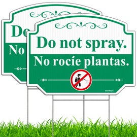 Do Not Spray Sign with Stake, No Spray Pesticide Yard Sign, Bilingual Plant Signs in English and Spanish, 2Pack-12.6"x9.5" No Spray Signs, Double Sided Corrugated Plastic, Easy to Mount(Green)