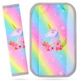 MHJY Seat Belt Pads for Kids Seatbelt Strap Cover 2 Packs Unicorn Car Seat Belt Covers Soft Comfortable Harness Pad for Toddlers Girls Boys Children, Rainbow
