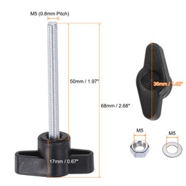 sourcing map 8pcs Tee Wing Knobs M5 x 50mm Metric Thread 36mm Z/T Head Plastic Handles Thumb Screws Hand Clamping Threaded Stud Knob Grip Thumbscrew with Nuts Washers, Black