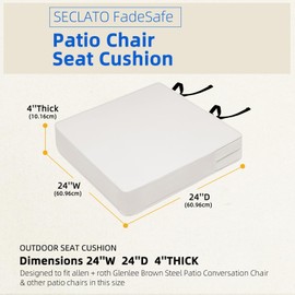 SECLATO Patio Chair Cushion 24x24 Inch Waterproof Outdoor Seat Cushions for Patio Furniture 5-Year Color Fastness Garden Sofa Couch Chair Pads with Handle and Adjustable Straps, 2 Pack Light Grey