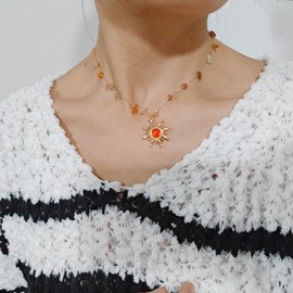 KOFISNI Crystal Sun Necklace for Women 18K Gold Plated Sun Pendant Necklace Natural Stone Crystal Choker Necklace Healing Crystal Necklace Christmas Trendy Jewelry For Women (Red)