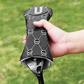 Golf Club Head covers Hybrid Utility Rescue with Interchangeable Number Tag 23456 UT Elastic Closure Black PU Leather Skull Pattern