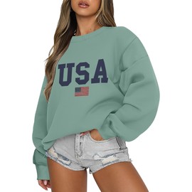 Micoson Casual Vintage Sweatshirt for Women USA Flag Print Clothes Crew Neck Cute Pullover Tops Preppy Long Sleeve Fleece Outfits Fall Loose Fit Green XXL
