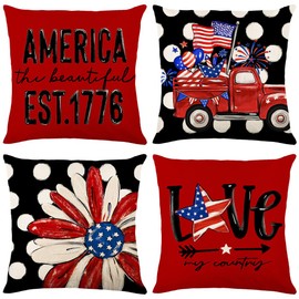 4th of July Pillow Covers 18x18 Set of 4 Patriotic American Star Flower Truck Outdoor Decorative Pillow Covers Fourth of July Cushion Case Independence Memorial Day Home Sofa Porch Decoration