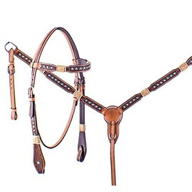 Showman Rawhide Braided Basketweave Tooled Leather Browband Headstall & Breast Collar Set w/Turquoise Studs & Reins