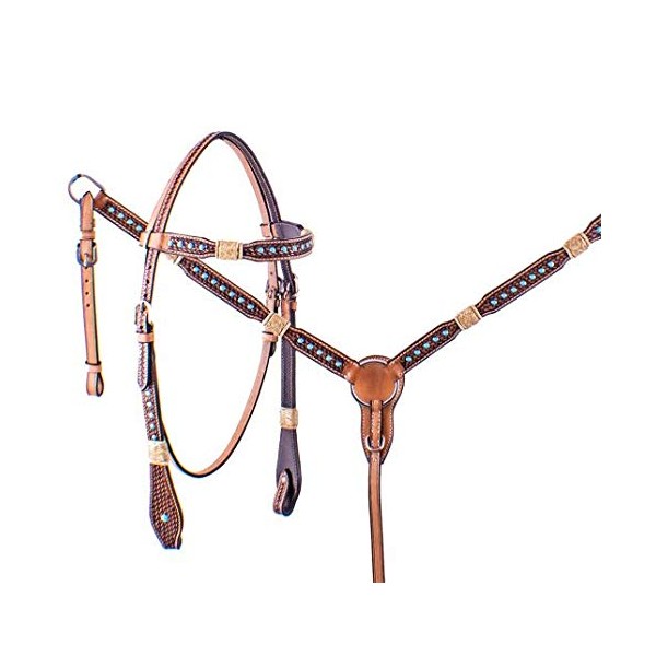 Showman Rawhide Braided Basketweave Tooled Leather Browband Headstall & Breast Collar Set w/Turquoise Studs & Reins
