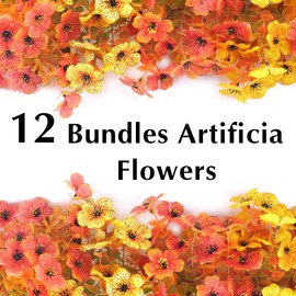Artificial Mums for Outdoors, 12 Bundles Faux Mums for Outdoor Planters,Uv Resistant Artificial Fake Flowers Plants, Realistic Fall Decor for Porch, Patio, Yard (OrangeYellow)