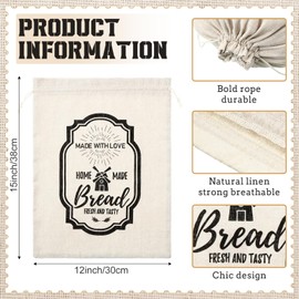 Vesici 8 Pcs Large Linen Bread Bag for Homemade Bread Reusable Bread Container and Saver Drawstring Bread Storage Bags Unbleached Bread Storage Container Keeper for Bakery 12" x 15" (Stylish Style)