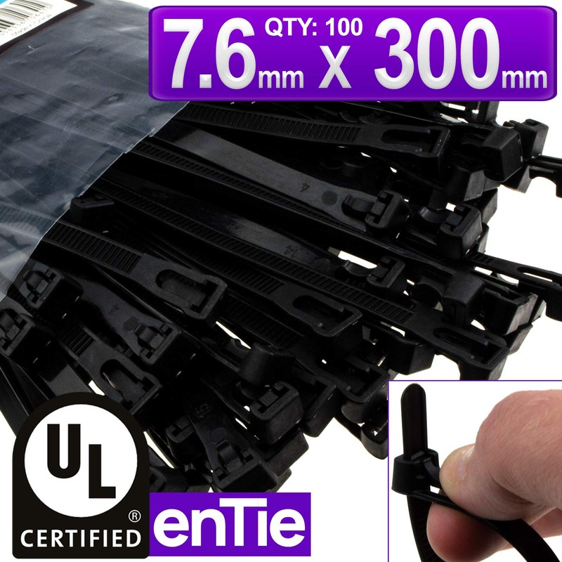 Releasable Cable Ties 7.6mm x 300mm Reusable Black [100 Pack]