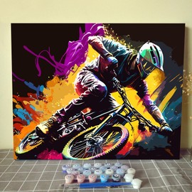 Aihonmin Mountain Bike Racing Paint by Numbers for Adults,DIY Acrylic Watercolor Painting by Numbers for Kids Beginners Sports Lovers Arts Craft On Canvas Without Frame Home Wall Decor for Gift 16Ｘ20