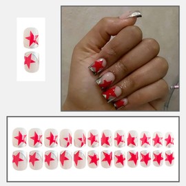RIICFDD Press on Nails Short Fake Nails Square False Nails Red Star Glue on Nails Silver French Tip Nails Stick on Nails Full Cover Glossy Acrylic Nails for Women Girls Nail Art Decoration 24 Pcs