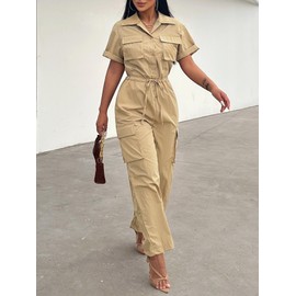 Women's Casual Long Sleeve V Neck Jumpsuits Work Wide Leg Pants Club Party Loose Rompers (0004,KH,M)