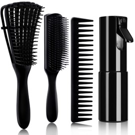 4pcs Curly Hair Brush Set for Adult & Kids Wet or Dry, Detangling Brush for 3/4ABC Hair with Detangler Spray Bottle & Wide Tooth Comb (3+1, Black)