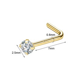 SYLWIA 14K Solid Gold Nose Studs Rings 20g 18g, Moissanite Corkscrew L Shaped Nose Rings, Hypoallergenic 18 20 Gauge Nose Ring Piercing for Women Wen Gifts - 2mm 2.5mm 3mm Moissanite, 20g (0.8mm),