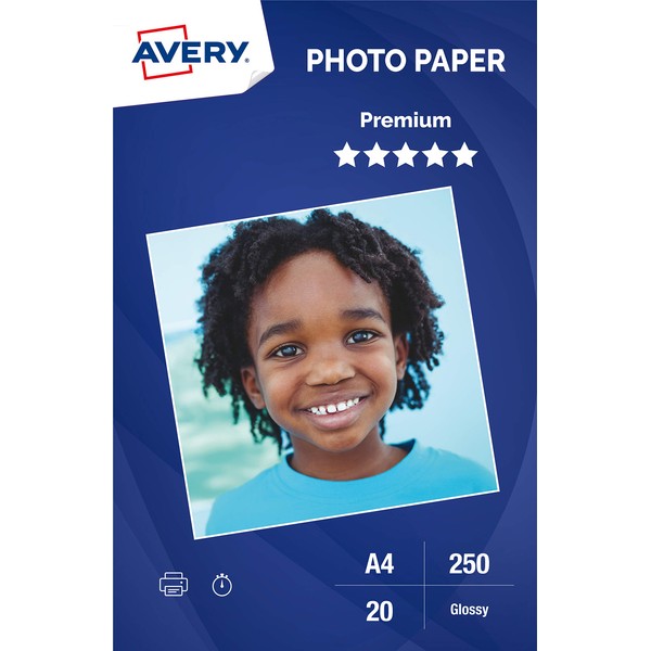 Avery 2555-C.UK Premium Glossy Photo Paper 250g/m, Inkjet Printers, A4, 20 Sheets, White