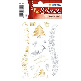 HERMA 15642 Stickers Christmas Motifs Gold Silver Pack of 14 Christmas Stickers with Christmas Tree Motif, Children's Labels for Christmas Decoration Gifts Advent Calendar Decoration Letters DIY