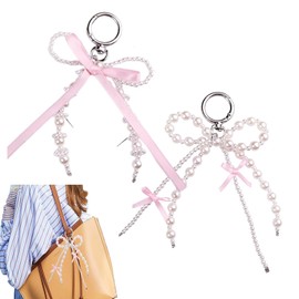 Pack of 2 Key Ring Beads, Bow Key Fob Pink, Cute Bag Charms, Fashionable Backpack Pendant for Bags, Pink Bags, Pendants, Pearl Bows, Bags, Charms, for Bags, Mobile Phones, Purse, White