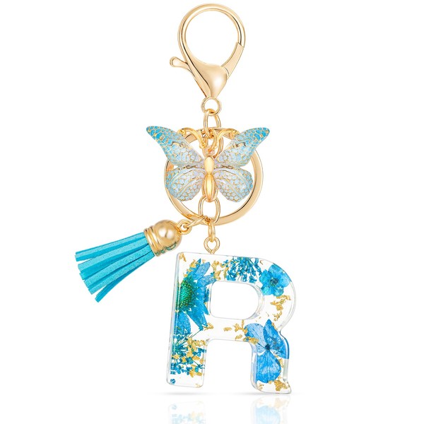 MWOOT Initial Letter R Keychain Resin Alphabet Keyrings,Blue Petals Gold