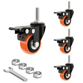 Pack of 4 40 mm Furniture Castors with 4 Brakes, Castors for Furniture, Heavy Duty Castors with 180 kg Slats, 40 mm Stem Castors, Swivel Castors Double Locking with 360 Degree Rotation (Orange, M12)