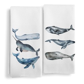 Qeheb Coastal Beach Whale Kitchen Towels Set of 2, Ocean Whale Species Decorative Dish Tea Towels, Ocean Beach Hand Towels for Bathroom, Coastal Kitchen Bathroom Decor, 16X24In