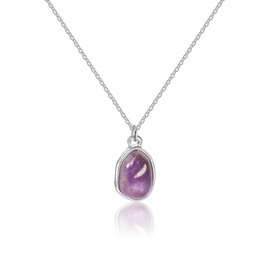 Yifnny Gemstone Pendant Necklace, Crystal Necklace Teardrop Pendant Necklace Stone Bezel Pendant Necklace Stainless Steel Adjustable Length 16 + 2 inch Jewelry Gifts for Women (Silver Purple)