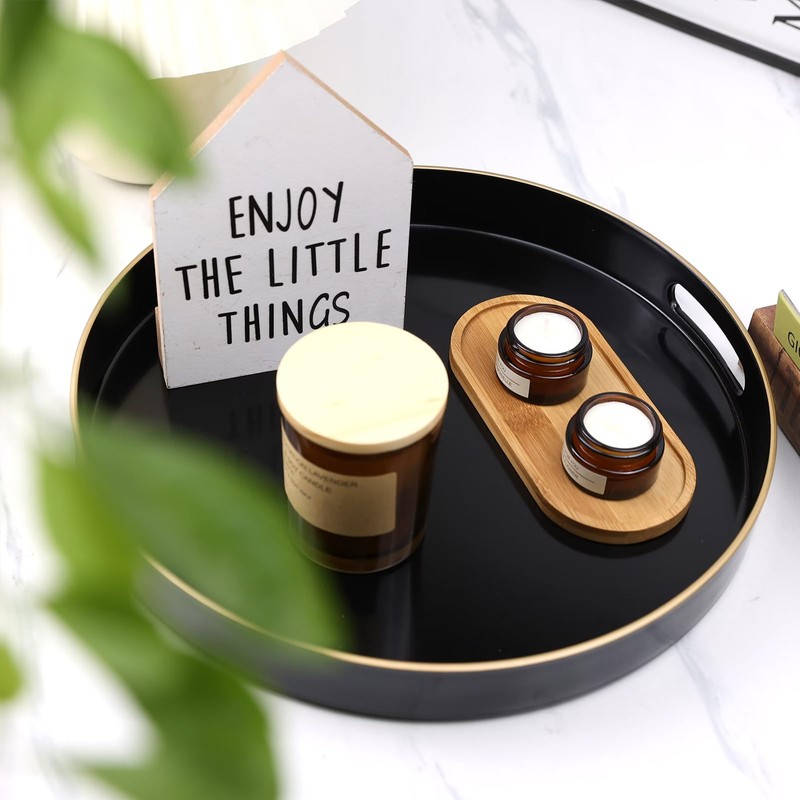 Omuriko Black Round Decorative Tray with Handles, 13" Versatile Serving