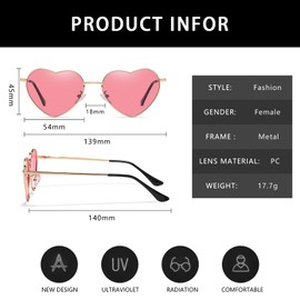 YAMEIZE Vintage Rimless Love Heart Sunglasses - Metal Frame for Women Men Trendy Heart Shape Red Pink Heatt Glasses Party Funky, gold pink