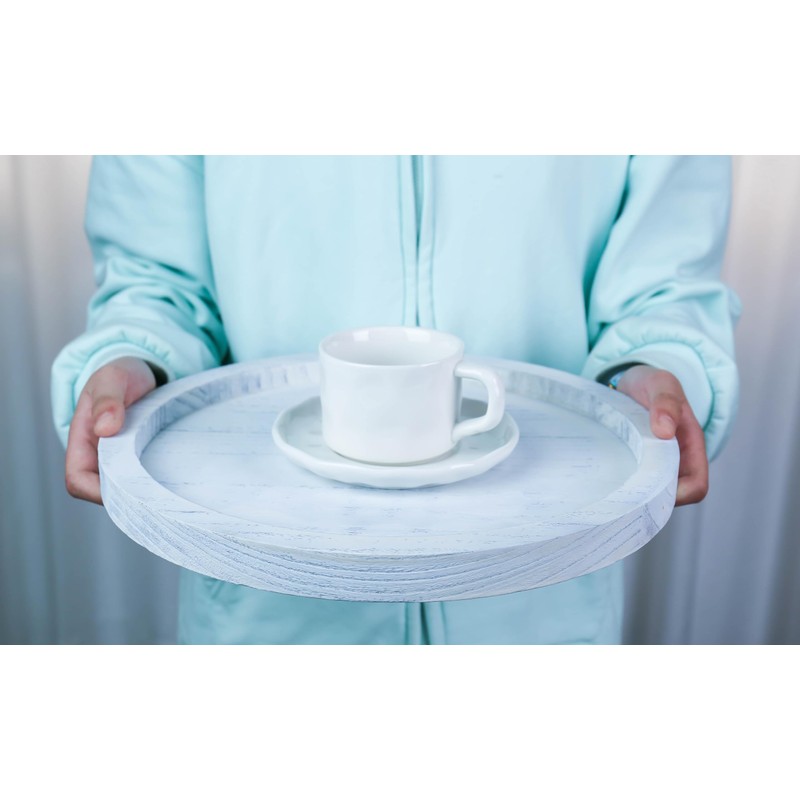 CYS EXCEL 13 Inch White Round Wooden Tray, Decorative Serving