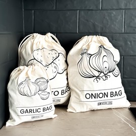 A&M Natural Living Potato Bag, Onion Bag and Garlic Bag Set of 3, 30cm x 40cm Onion Storage and Potato Storage, 20cm x 25cm Garlic Storage, Eco Friendly Cotton Material with Drawstring Closure