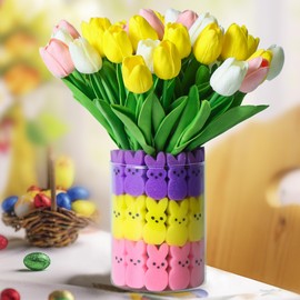 Shitailu Shitailu Easter Decorations - Easter Little Bunnies Decor - 15 pcs Artificial Tulips with 45 pcs Bunnies Vase Filler Set, Spring Home Decoration Centerpieces for Tables, NO VASE
