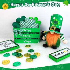 St Patricks Day Decorations for Home, Green Wooden Crate with Irish Plush Gnome & 3 Clover Pillows, Happy St Patrick‘s Day Table Centerpiece, Shamrock Tiered Tray Decor Table Mantle Shelf Irish Gift